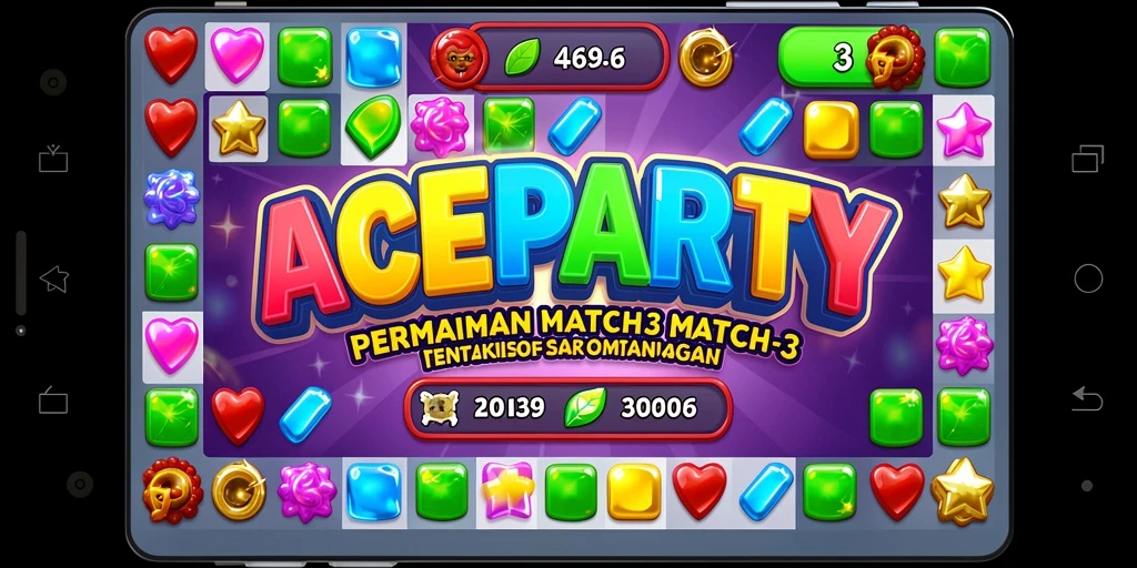 Screenshot gameplay ACEPARTY dengan item berwarna-warni yang cocok.