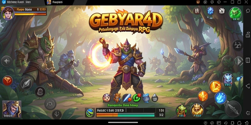 Tampilan gameplay GEBYAR4D dengan karakter dan monster menarik.