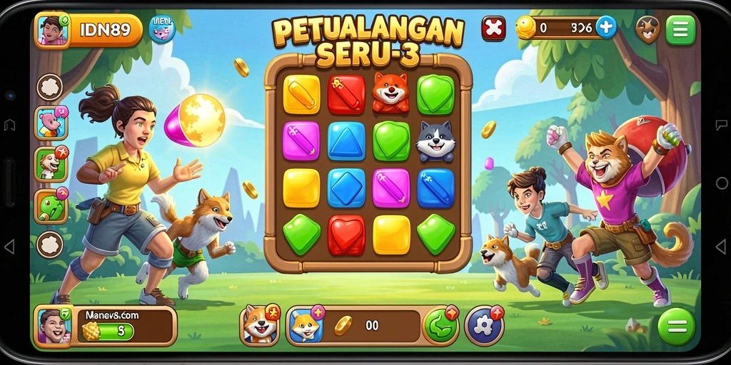 Screenshot gameplay IDN89 menunjukkan karakteristik pencocokan buah yang ceria.