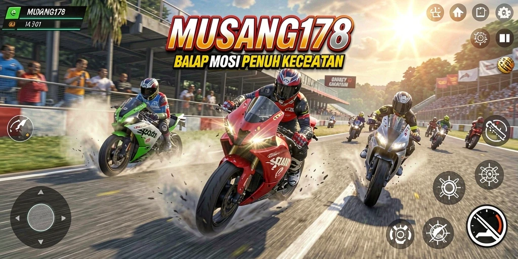 Tangkapan layar gameplay MUSANG178 menampilkan balapan motor yang mendebarkan.