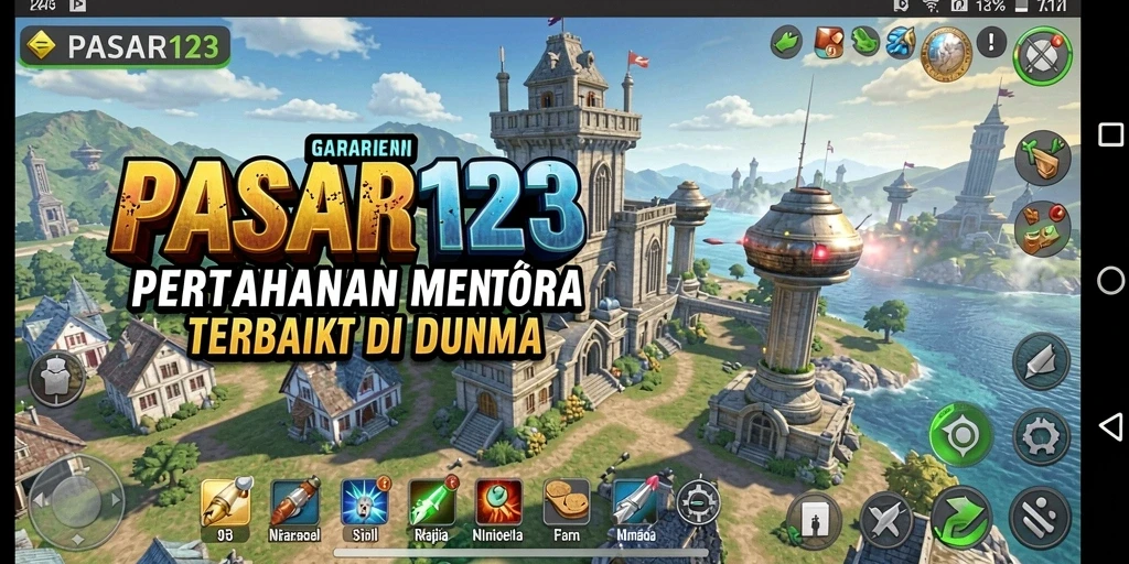 Screenshot menunjukkan aksi pertahanan menara yang seru dalam PASAR123.