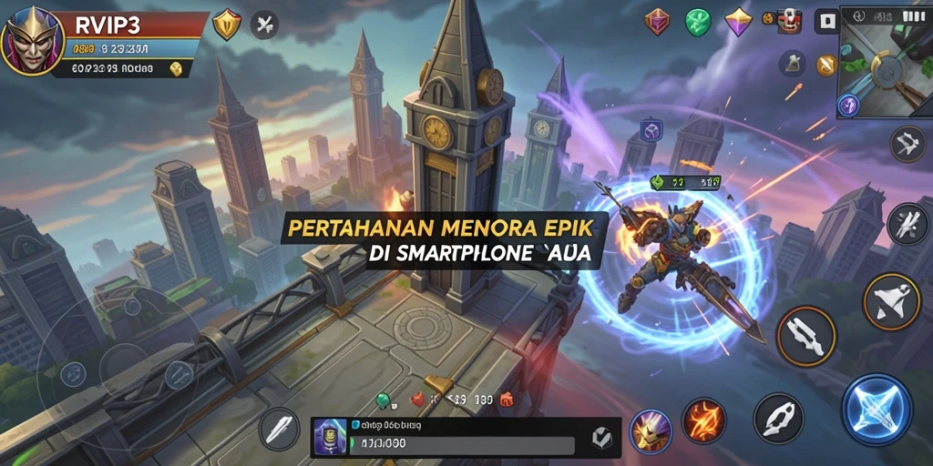 Tampilan menara dan musuh dalam gameplay Tower Defense RVIP3.