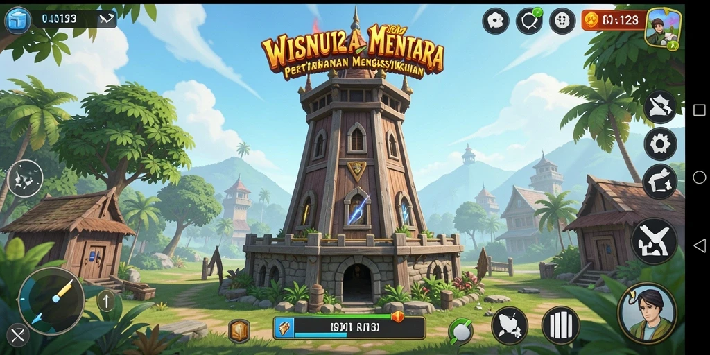 Screenshot gameplay WISNU123 menampilkan menara yang siap bertempur melawan musuh.